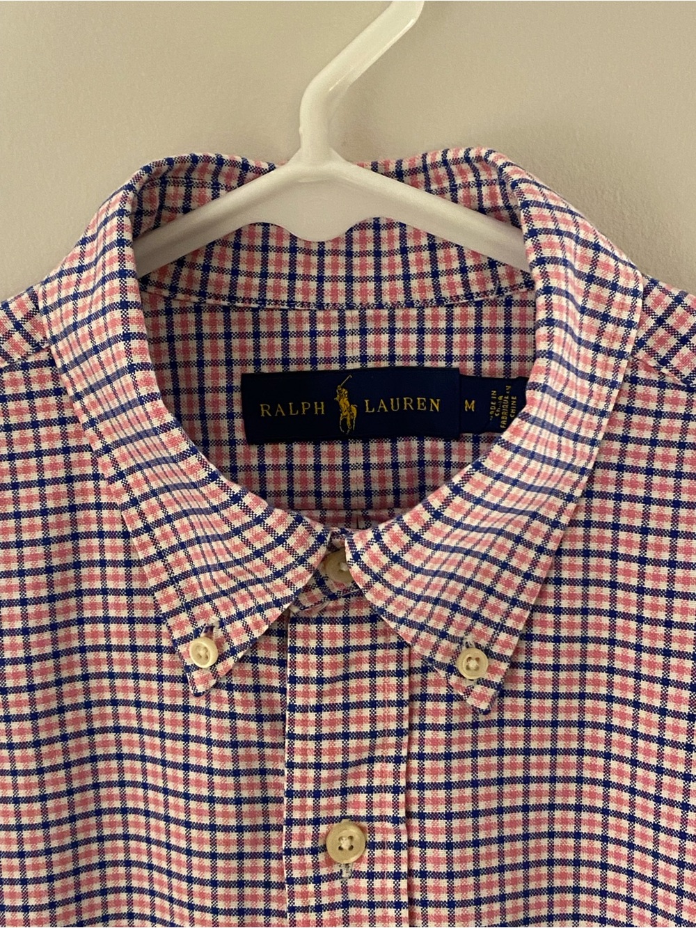 Ralph Lauren Button Down Shirt Mens Medium Pink Blue Check Plaid Classic Fit